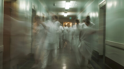 Hospital staff rush through the hallway, their faces obscured by the blur of movement.