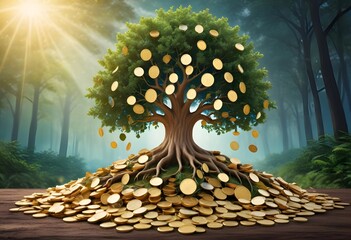 tree with deep roots spreading into a pile of gold coins.