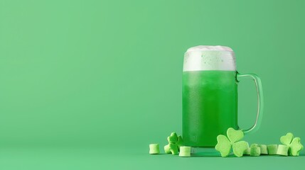 Vibrant Saint Patricks Day illustration featuring a tall glass of frothy green beer for festive celebrations.