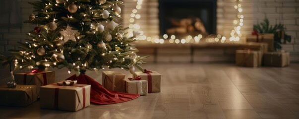 Christmas tree with presents and lights in front of fireplace.