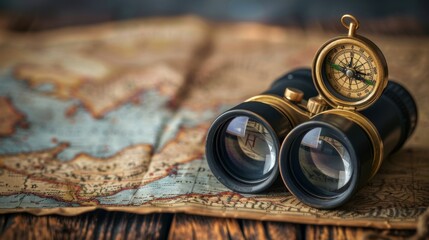 Vintage Compass and Binoculars on Old Map.