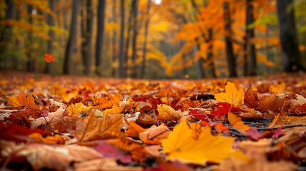 Landscape view of autumn leaves covering a forest floor
