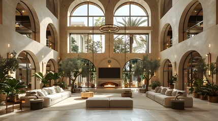 Fototapeta premium Hotel lobby featuring elegant furnishings, large windows, and natural greenery that creates a serene atmosphere. 