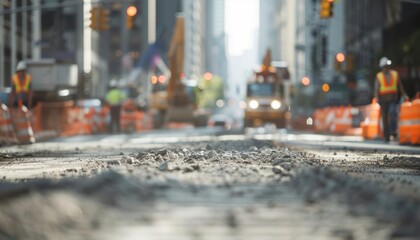 Closeup of a city street under construction with blurry workers and vehicles in the background.