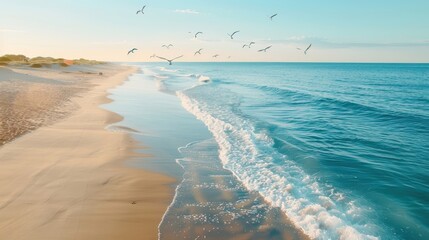 A high angle view of a pristine beach at dawn, with gentle waves and seagulls.