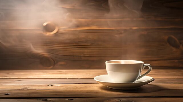 Steam Rising From a Cup of Coffee on a Wooden Table.