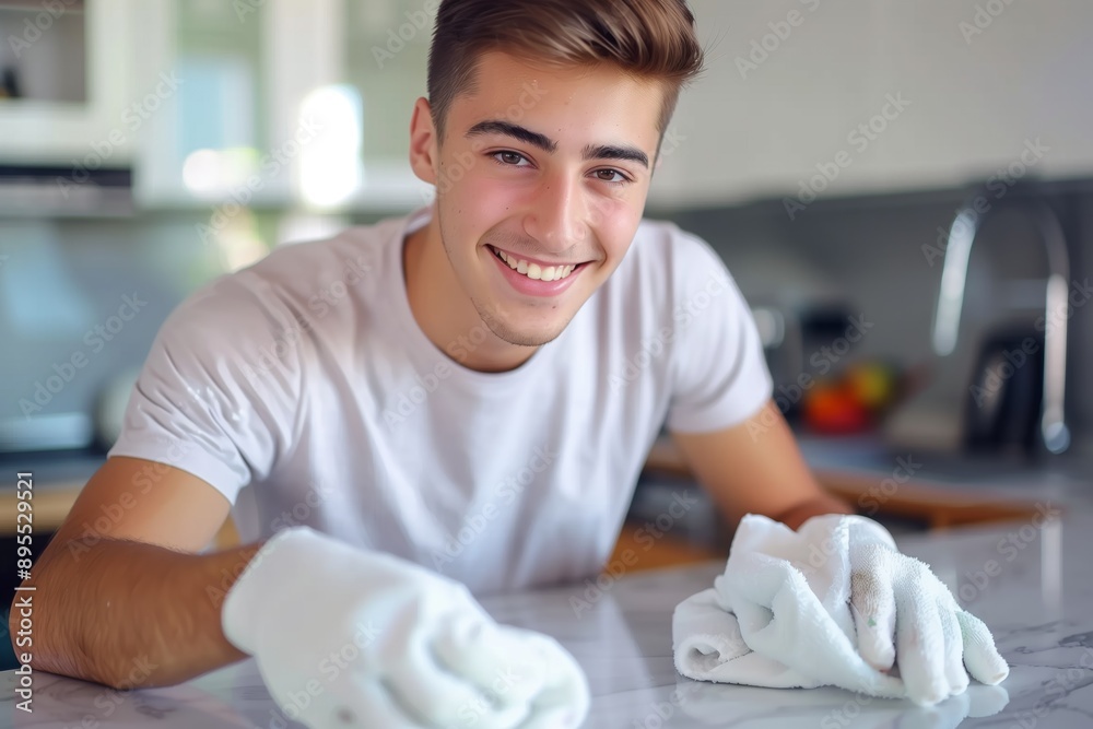 Poster Young man, smile and wipe the kitchen counter