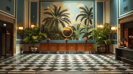 A luxurious hotel lobby featuring elegant palm tree murals, polished marble floors, and lush indoor plants, creating a sophisticated atmosphere. 