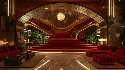 Obraz premium A luxurious hotel lobby featuring elegant red decor, a grand staircase, and stylish seating arrangements. 