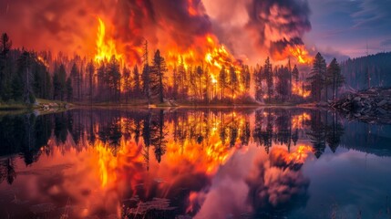 Obraz premium Forest Fire Reflection in a Lake.