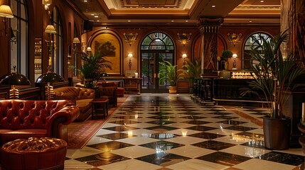 A luxurious boutique hotel lobby featuring elegant leather seating, marble flooring, and warm ambient lighting, creating an inviting atmosphere for guests. 