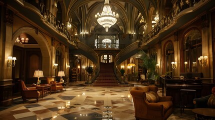 Obraz premium An opulent hotel lobby featuring a grand staircase, elegant chandeliers, and luxurious seating areas that evoke a sense of sophistication and comfort. 