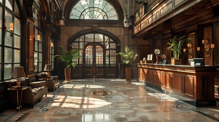 Obraz premium A luxurious hotel lobby featuring elegant wooden furnishings, marble flooring, and abundant natural light filtering through large windows, creating a warm and inviting atmosphere. 