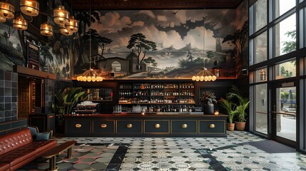 A sophisticated bar interior featuring a striking mural, stylish lighting, and elegant decor, ideal for contemporary lifestyle themes. 