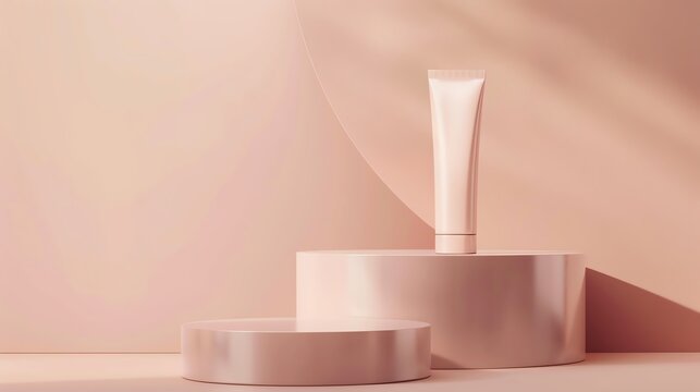 Elegant cosmetic tube on a modern, minimalistic pedestal with a soft, pastel background, ideal for beauty product presentations and marketing.