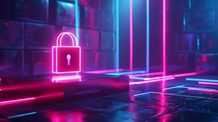 Futuristic neon lock in a digital environment representing cybersecurity and data protection with vibrant pink and blue lights.