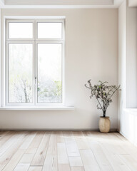 Fototapeta premium Large window in an empty room bathed with natural lighting in neutral colors. Luxury property interiors with copy space.