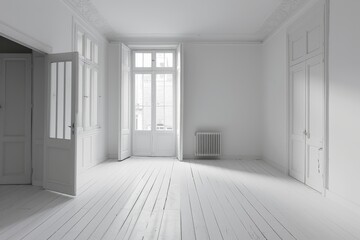 White empty room with wooden floor, white walls and doors.