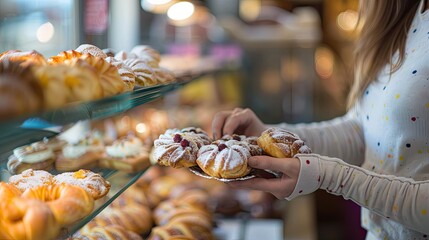 Unrecognizable Young woman choosing and buying fresh tasty pastry in bakery  selective focus