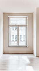 Fototapeta premium Large window in an empty room bathed with natural lighting in neutral colors. Luxury property interiors with copy space.