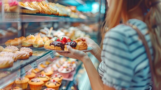Unrecognizable Young woman choosing and buying fresh tasty pastry in bakery  selective focus - Powered by Adobe