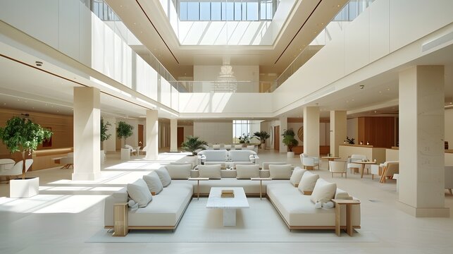 Modern grand hotel lobby interior with elegant decor and rich furnishings over a marble floor in a sunlight setting 