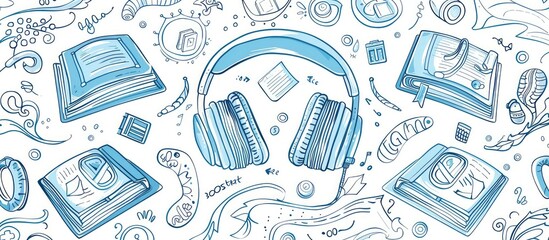 Books, headphones, and learning symbols in detailed blue line art, surrounded by swirls on a white background, ideal for creative projects.