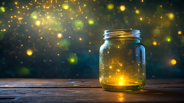 Firefly Jar on Wooden Table.