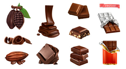 Chocolate and cocoa beans, 3d realistic vector set