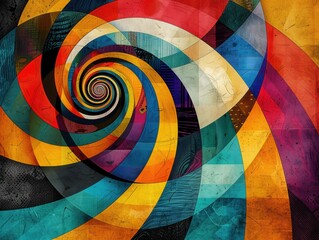 Obraz premium Energetic abstract art featuring a vibrant spiral pattern with dynamic and colorful geometric shapes, creating a visually captivating composition.