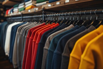 Obraz premium Colorful sweaters organized neatly on a clothing rack in a store