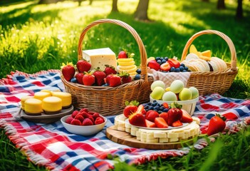 charming picnic blanket spread assorted fresh colorful cozy outdoor setting perfect day out, snacks, fruits, treats, food, basket, summer, park, leisure