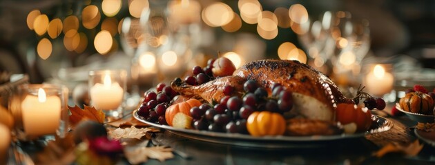 Roasted turkey with grapes and fall decor on a table with candles.