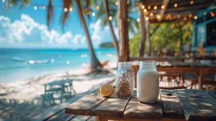 Beachfront breakfast setting with tropical scenery - generative ai