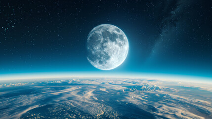 The brilliant full moon hangs in the vastness of space, casting its luminous glow upon Earth.
