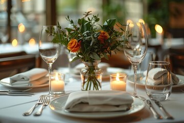 Formal dining table setup with candles and floral centerpiece.