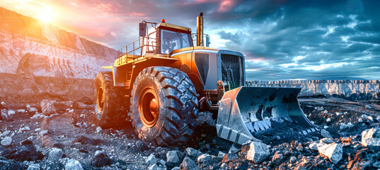 A wheel loader works in a quarry at sunset, with data visualizations in orange and white, creating a striking contrast against the evening sky