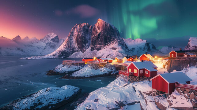 The sky above Norway's Hamnoy lights up with the vibrant colors of the Northern Lights.