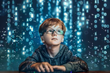 A young boy wearing glasses sits in front of a computer screen with digital code falling like rain in the background. Tech concept. Ideal for technology-themed content. Generative AI