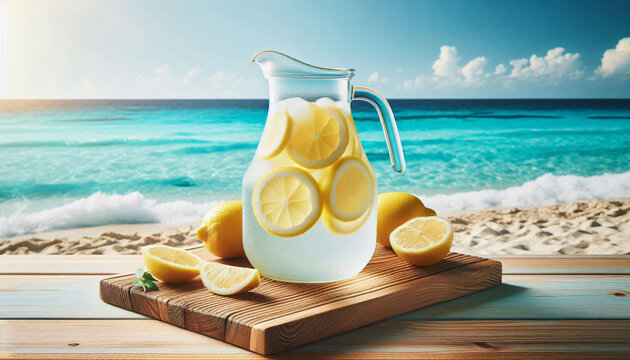 Sommerliches, erfrischendes Limonadengetr&auml;nk oder Cocktail auf einem Tisch am Meer. Frische, gesunde Zintronenlimonade. Wasser mit Zitrone