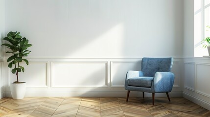 Interior home of living room with blue armchair on white wall copy space, hardwood floor