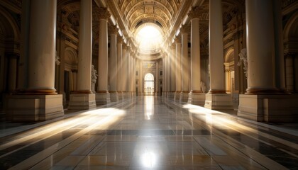 Obraz premium A majestic hall with towering columns and a marble floor, leading to a grand, open doorway filled with bright light and welcoming figures