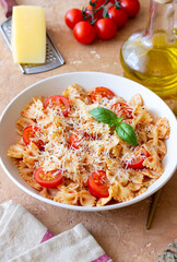 Farfalle pasta with tomatoes and cheese. Healthy eating. Vegetarian food.