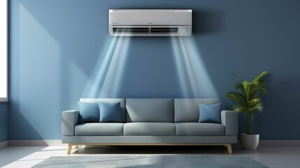 Air conditioner on a blue wall above the sofa 