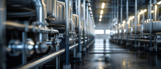 Fototapeta premium Rows of stainless steel tanks in a factory setting.
