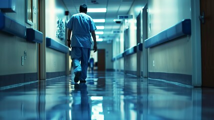 Fototapeta premium Hospital corridor with a healthcare worker walking.