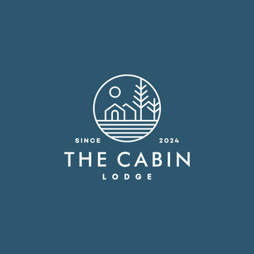 Natural hotel cabin with tree  logo. Cottage Logo  Forest Home Travel Cabin Camp Wood House. guest house vacation camping concept logo