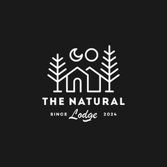 Natural hotel cabin with tree  logo. Cottage Logo  Forest Home Travel Cabin Camp Wood House. guest house vacation camping concept logo