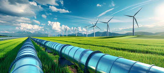 A digital rendering of a pipeline cutting through a verdant field under a bright blue sky, with wind turbines generating renewable energy in the background