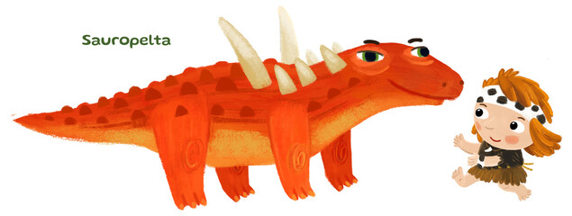 caveman human cartoon happy and funny colorful prehistoric dinosaur dino sauropelta isolated illustration with child pointing on animal © honeyflavour